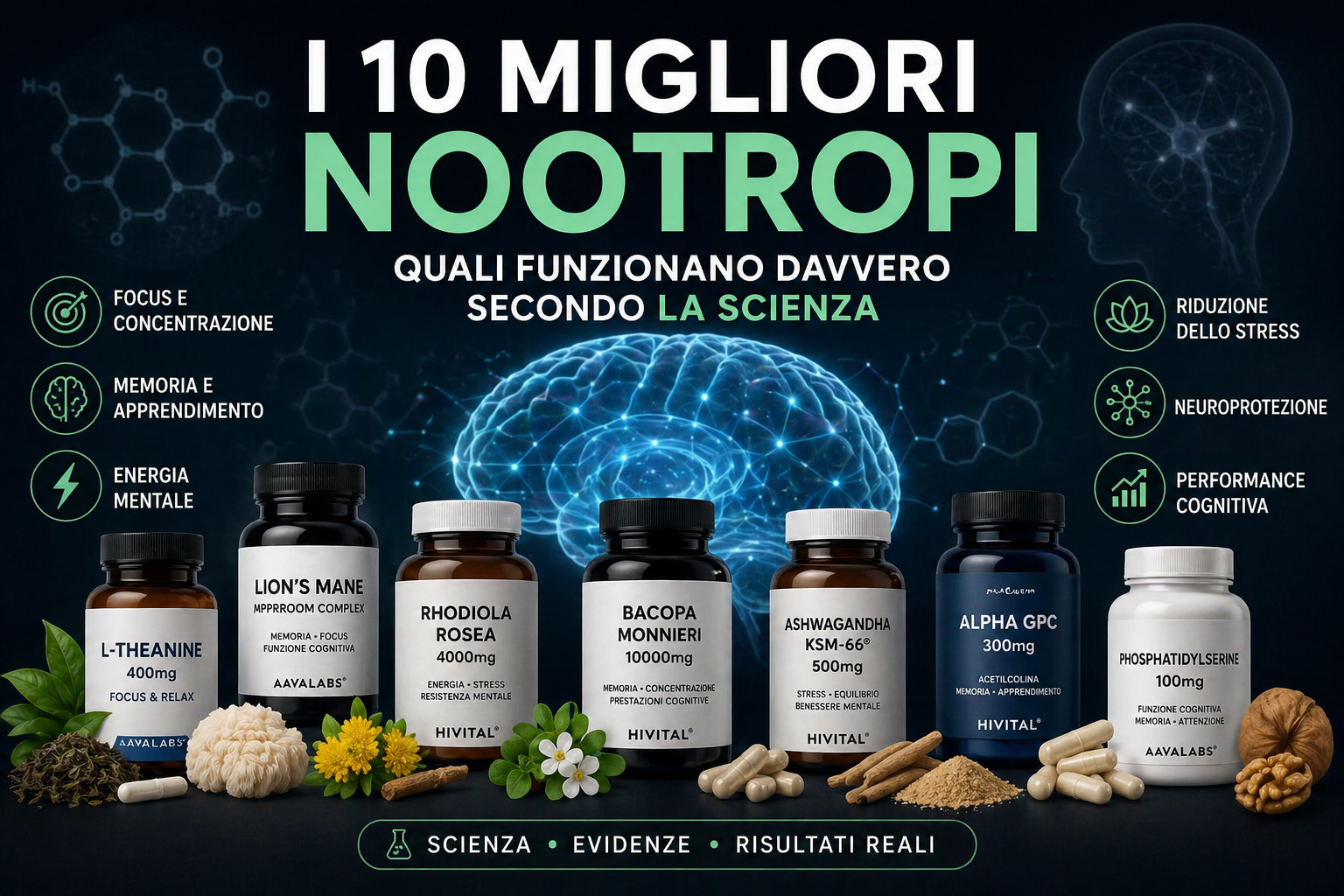 Infografica sui 10 migliori nootropi che funzionano davvero secondo la scienza per memoria, concentrazione ed energia mentale