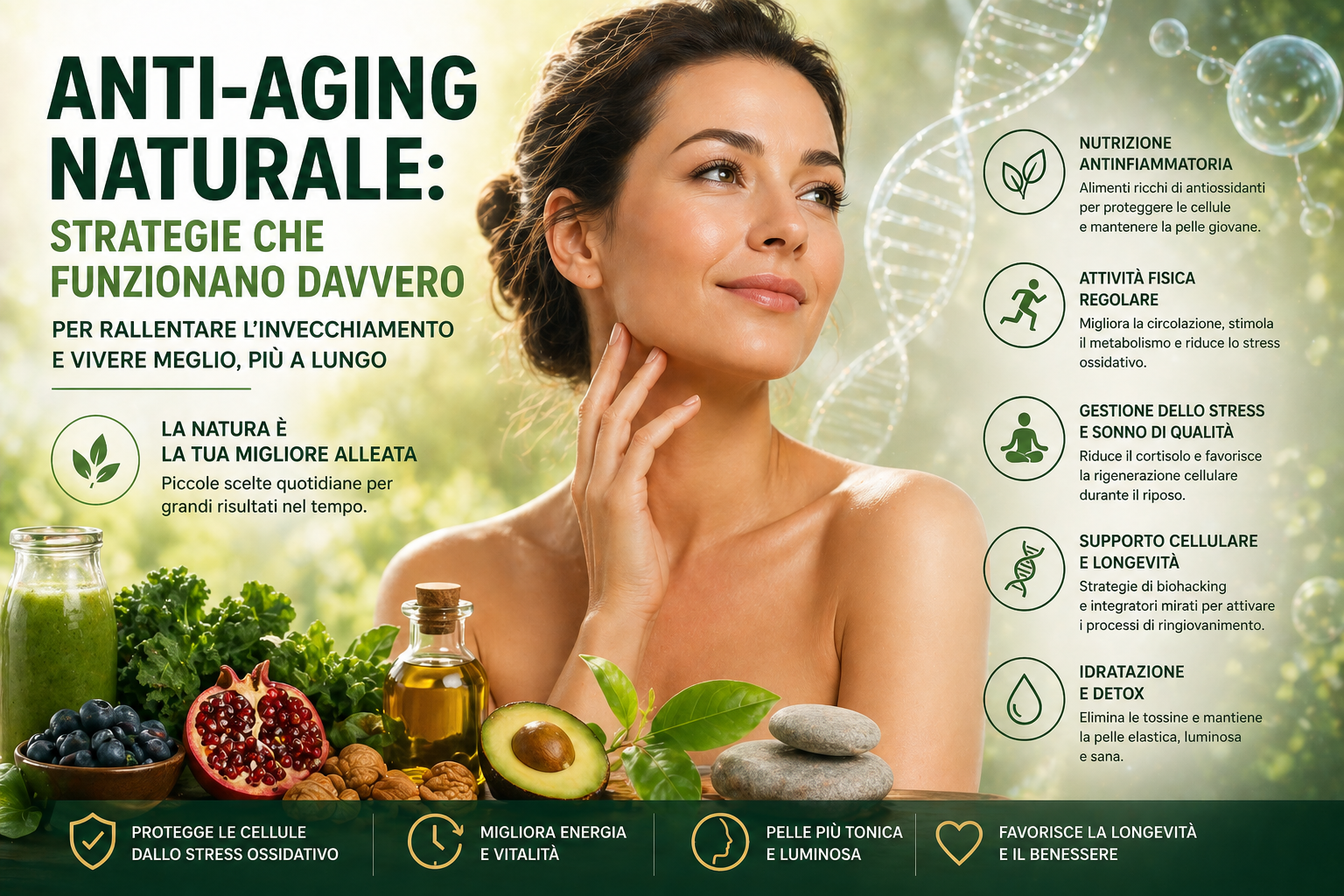 Infografica anti-aging naturale con donna e alimenti sani per rallentare l’invecchiamento e migliorare salute cellulare e longevità