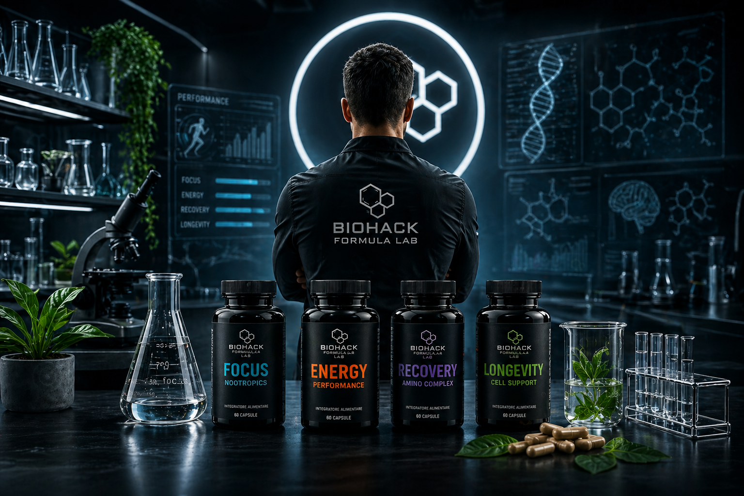 biohackingBiohacking e integratori per energia, focus mentale e performance fisica in laboratorio avanzato con nootropi e supplementi per la longevità