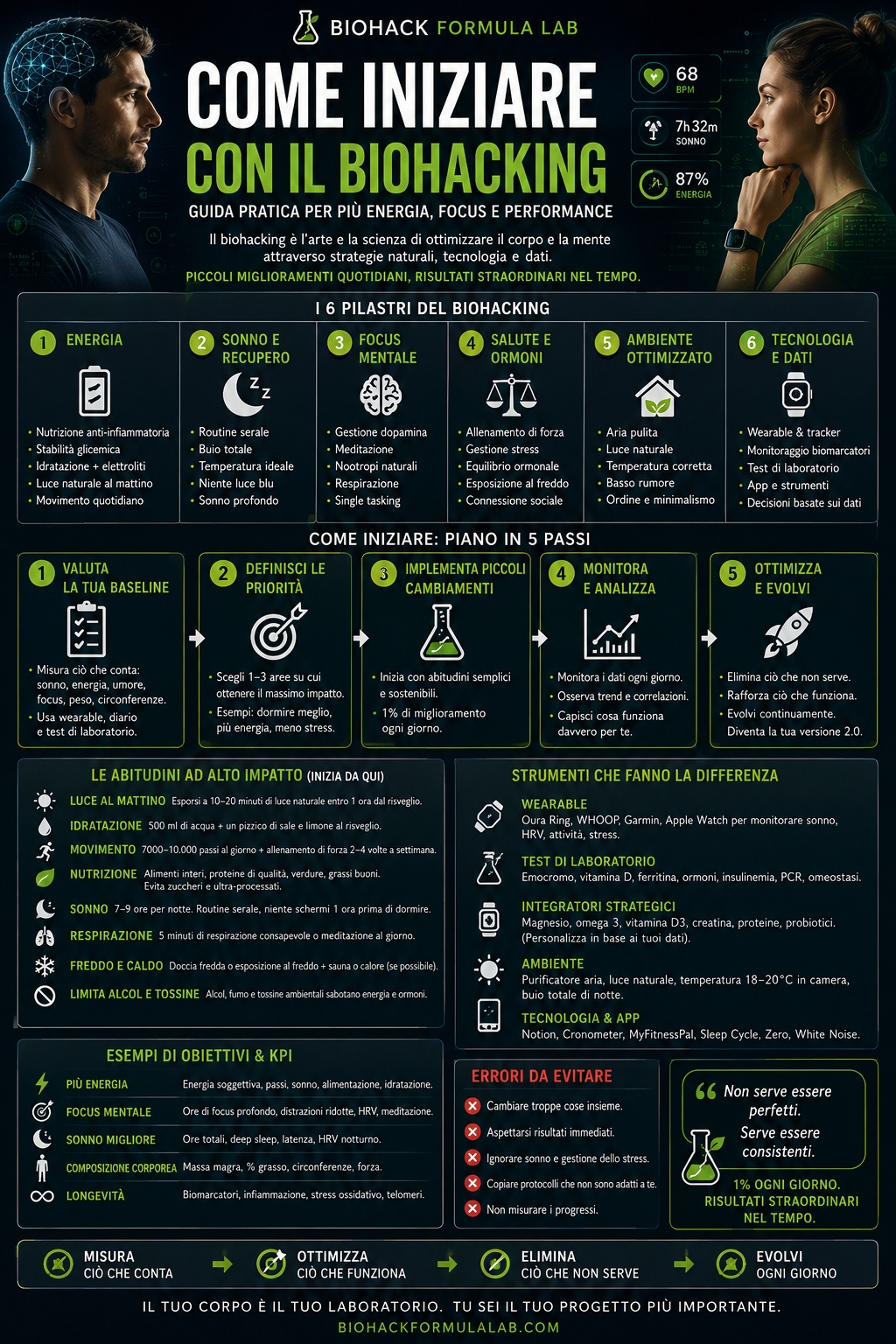 Infografica Biohack Formula Lab su come iniziare con il biohacking, con guida pratica per migliorare energia, focus, sonno, performance e abitudini quotidiane attraverso dati, tecnologia e strategie misurabili.