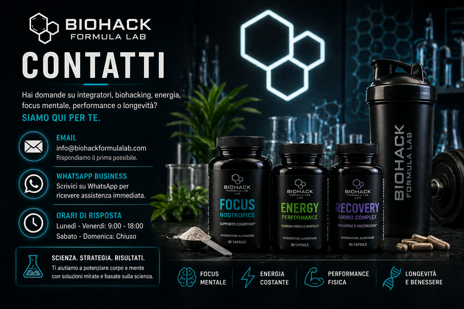 Contatti Biohack Formula Lab per informazioni su integratori, biohacking, energia, focus mentale e performance con supporto email e WhatsApp