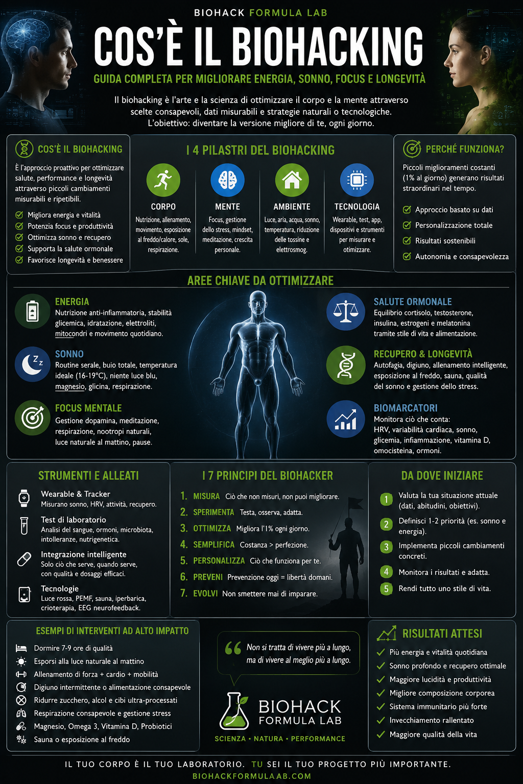 Infografica Biohack Formula Lab su cos’è il biohacking, con guida completa per migliorare energia, sonno, focus, recupero e longevità attraverso abitudini, dati e strategie misurabili.