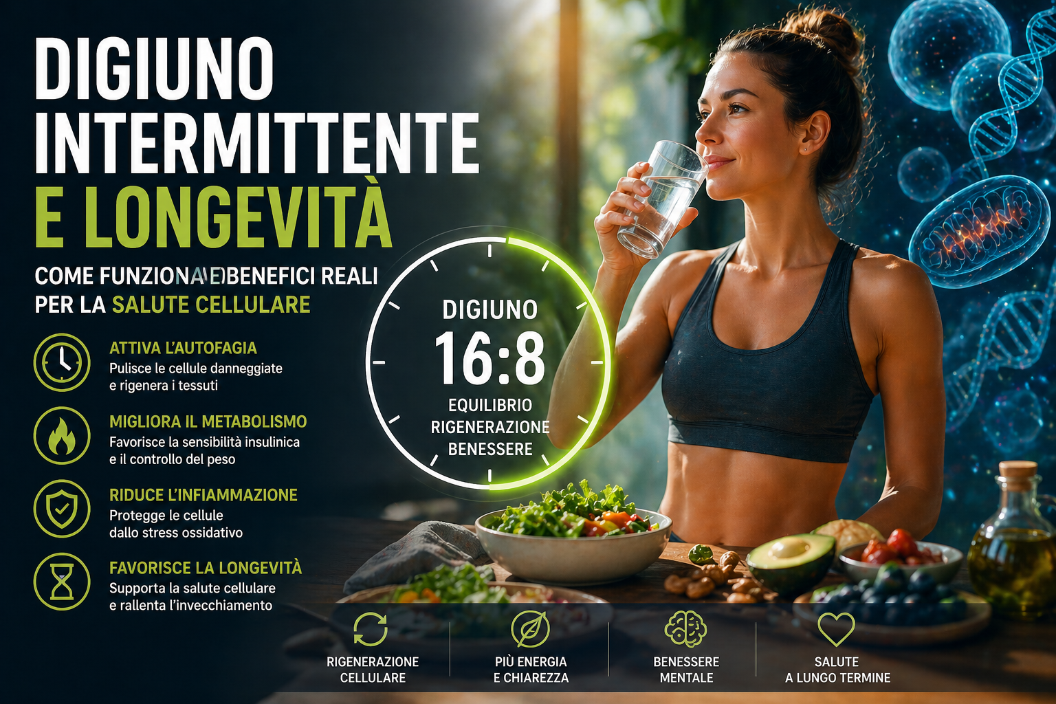 Infografica sul digiuno intermittente 16:8 con donna sana, alimentazione naturale e benefici per metabolismo, autofagia e longevità