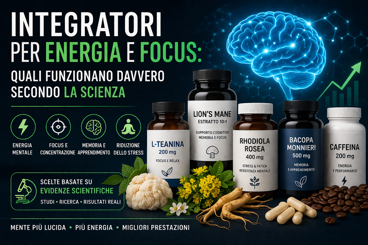 Infografica su integratori per energia e focus supportati dalla scienza con nootropi come L-Teanina, caffeina, Rhodiola, Bacopa e Lion’s Mane