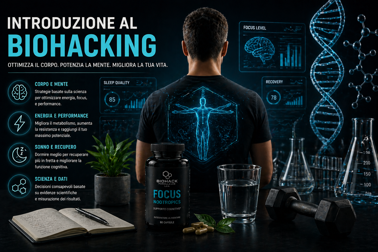 Introduzione al biohacking con strategie per migliorare energia, focus mentale, performance fisica e longevità in ambiente scientifico avanzato