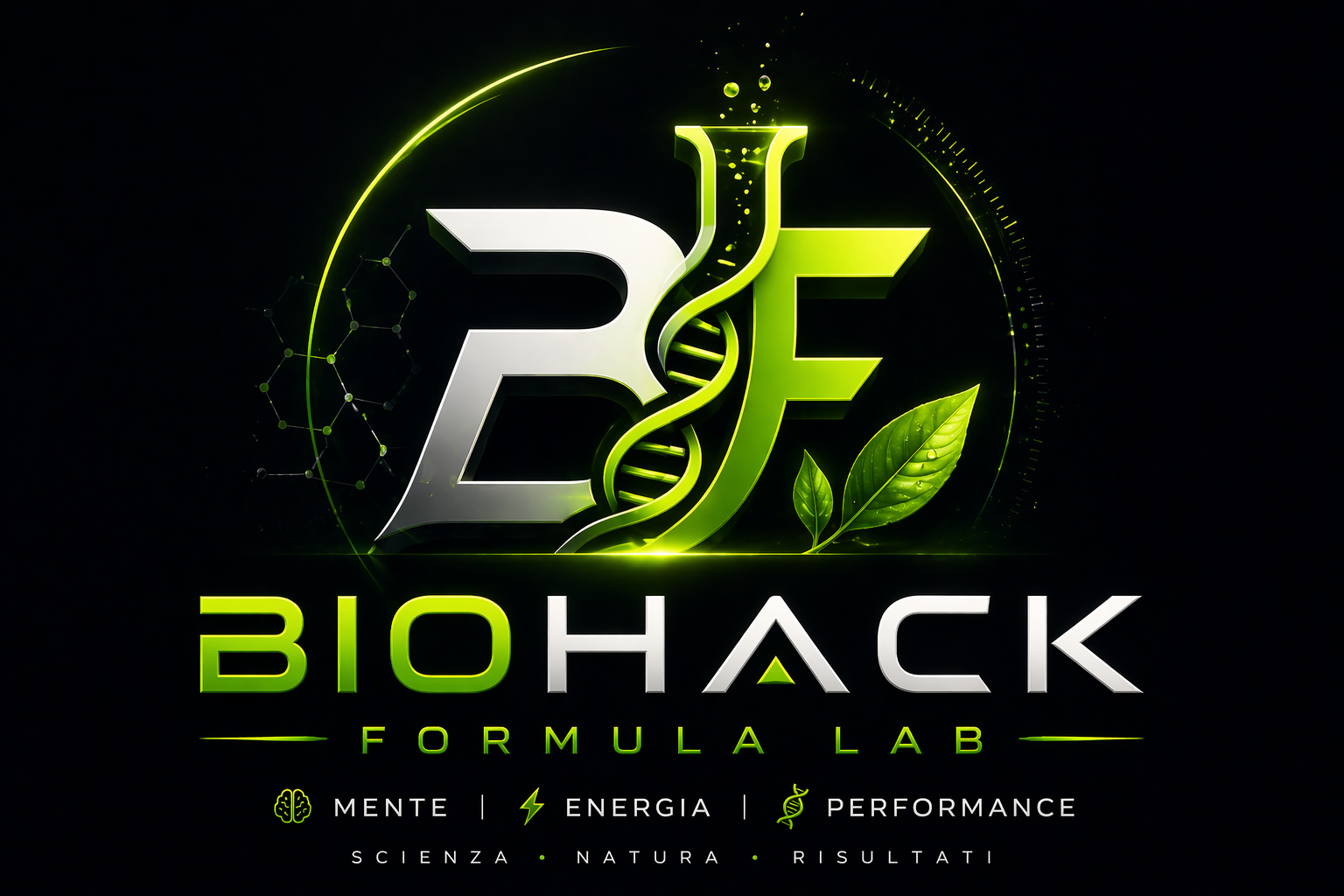 Logo Biohack Formula Lab con DNA, biohacking, energia e performance mentale e fisica