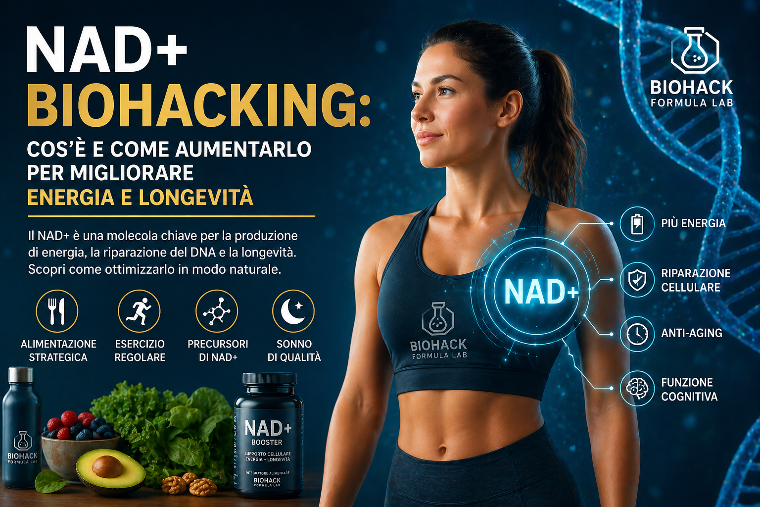 Infografica sul NAD+ e biohacking con donna sportiva, DNA e mitocondri per migliorare energia, funzione cellulare e longevità