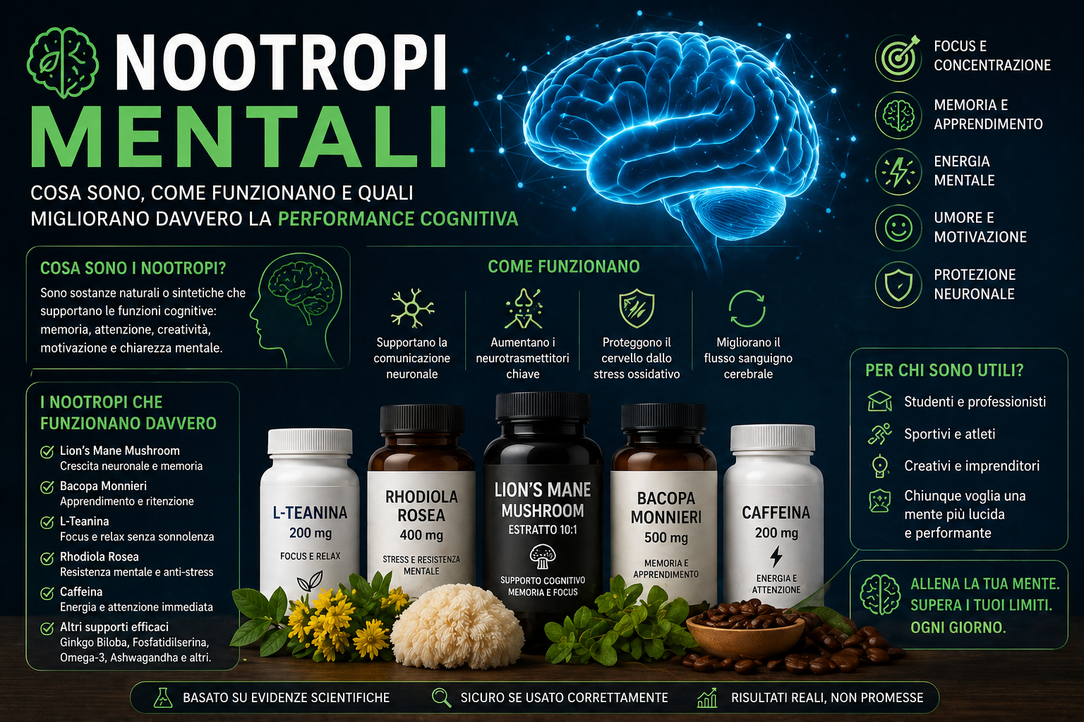 Infografica sui nootropi mentali che spiega cosa sono, come funzionano e quali migliorano davvero la performance cognitiva