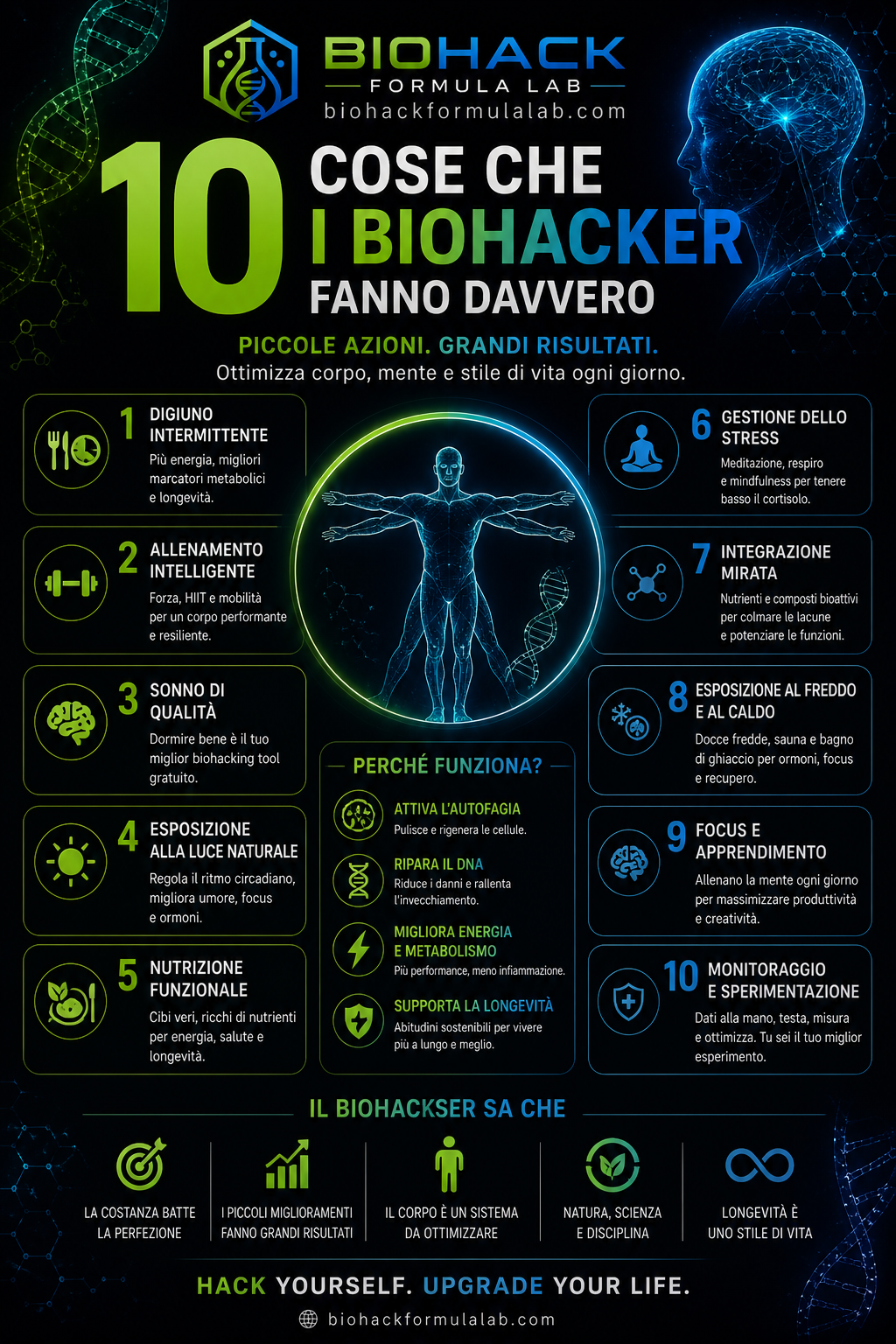 Infografica biohacking con 10 abitudini dei biohacker, corpo umano futuristico e logo Biohack Formula Lab