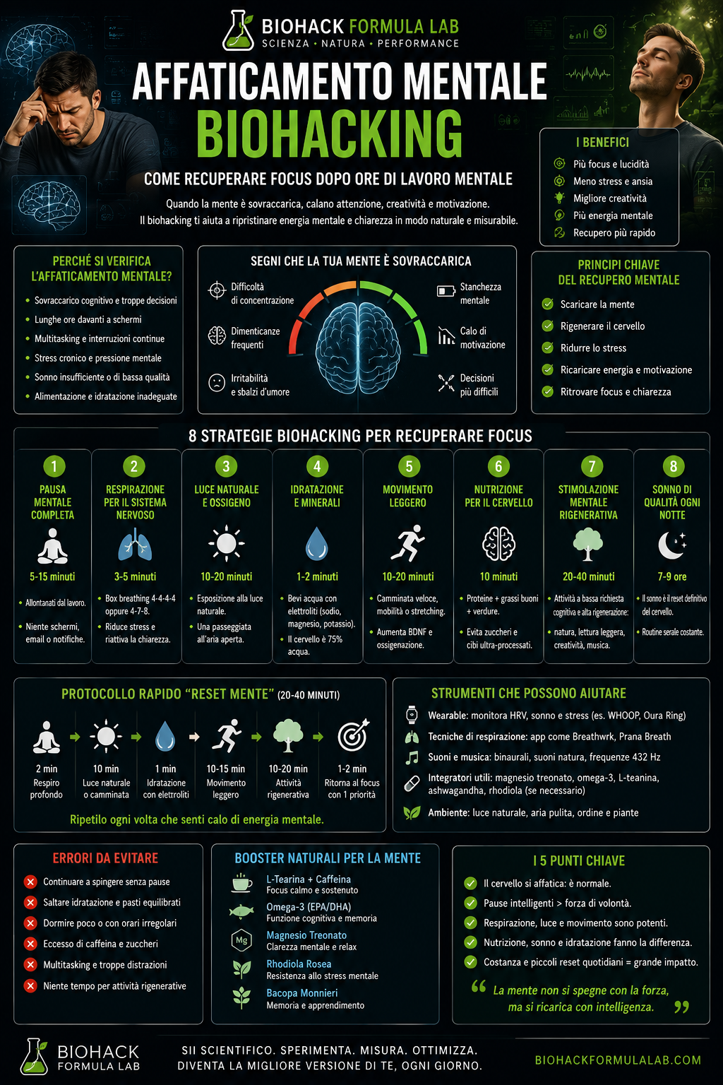 Infografica Biohack Formula Lab sull’affaticamento mentale biohacking, con strategie pratiche per recuperare focus, lucidità ed energia mentale dopo ore di lavoro cognitivo.