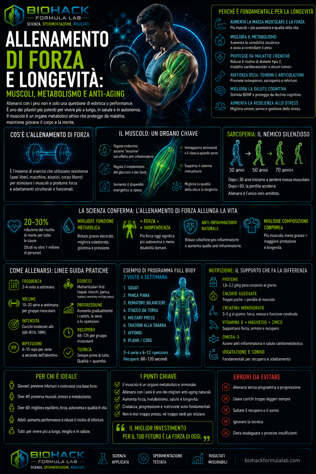 Infografica allenamento di forza e longevità con atleta, muscoli evidenziati e logo Biohack Formula Lab