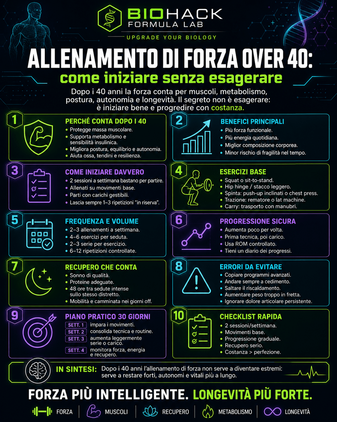 Infografica Biohack Formula Lab sull’allenamento di forza over 40, con guida pratica per iniziare senza esagerare, proteggere muscoli, migliorare recupero e sostenere la longevità.