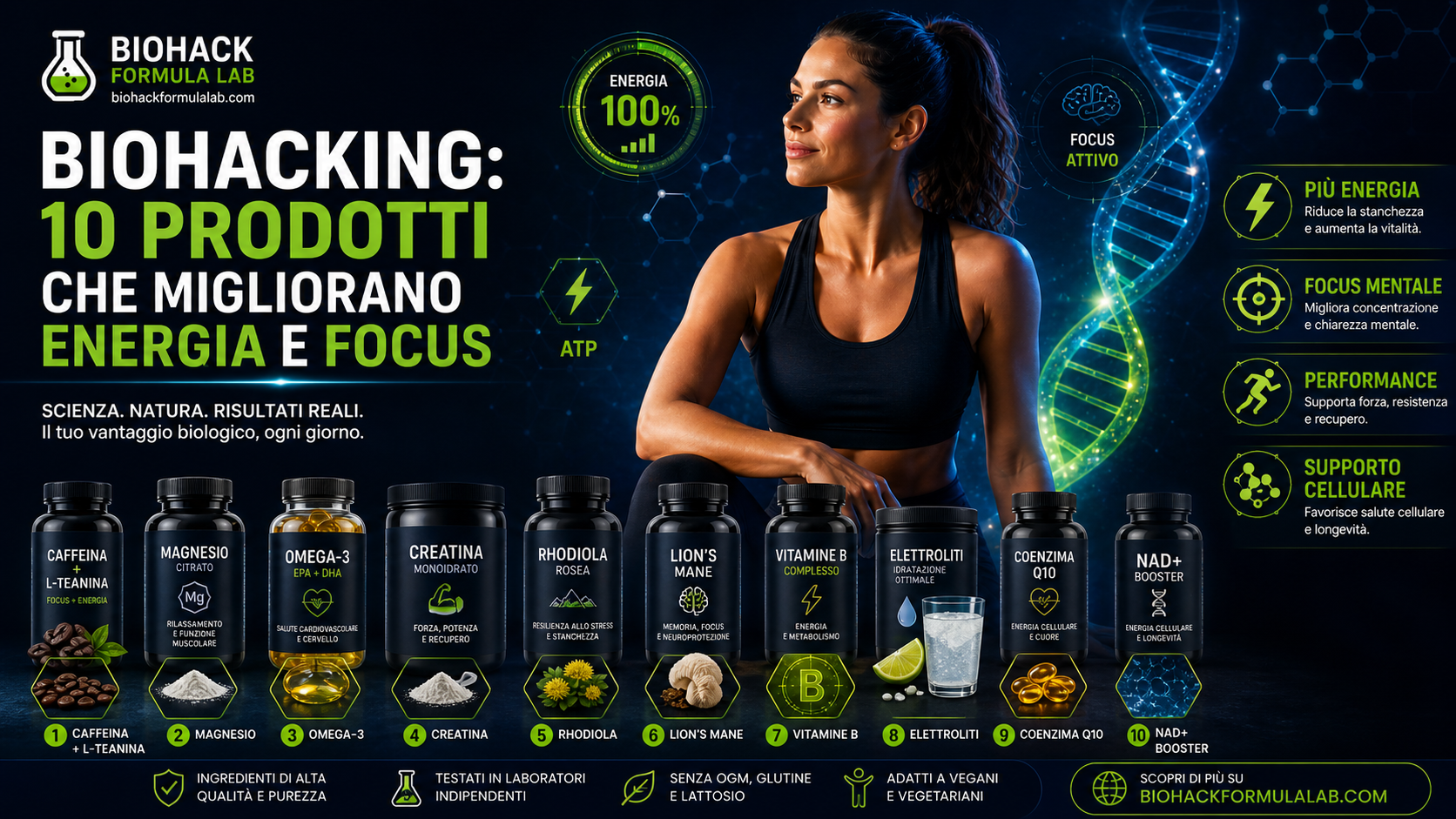 Infografica Biohack Formula Lab sui 10 prodotti biohacking per migliorare energia, focus mentale, performance e supporto cellulare