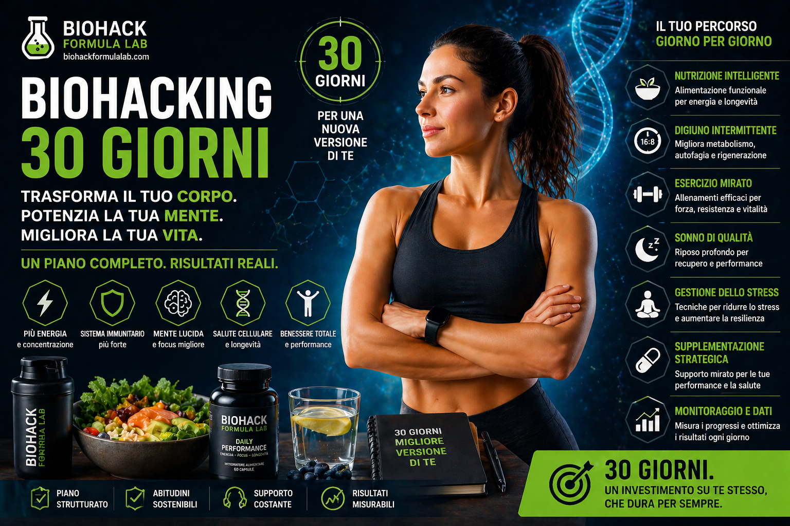 Infografica biohacking 30 giorni con donna sportiva, nutrizione, digiuno intermittente e strategie per energia, performance e longevità