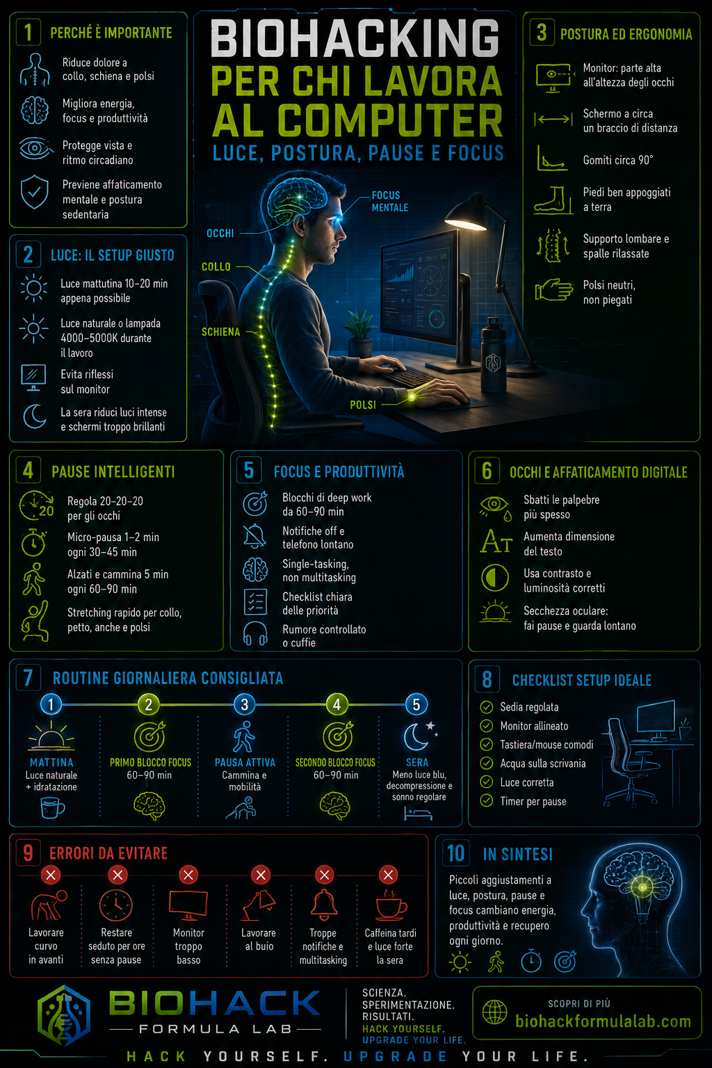 Infografica biohacking per chi lavora al computer con postazione ergonomica, focus mentale e logo Biohack Formula Lab