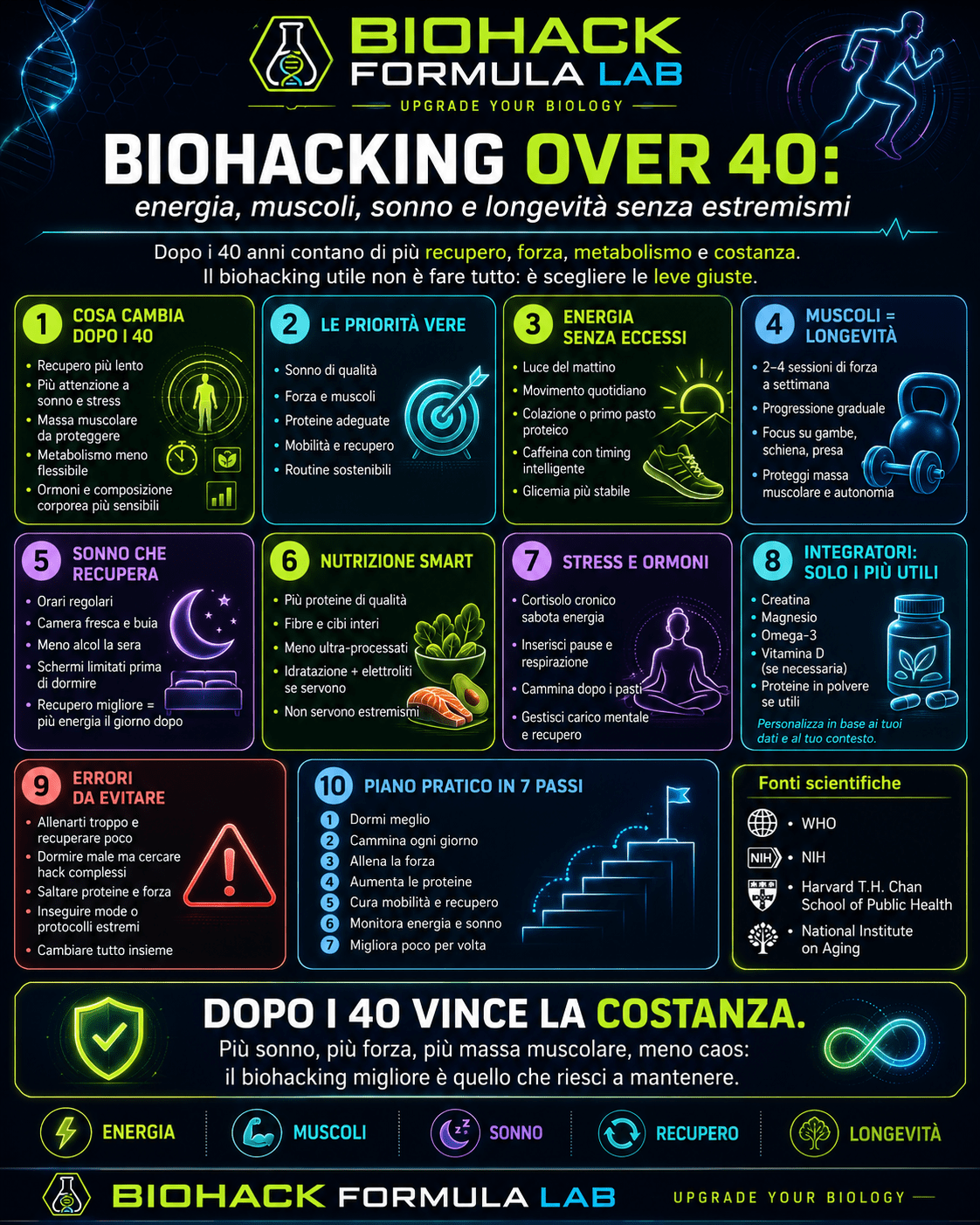 Infografica Biohack Formula Lab sul biohacking over 40, con strategie pratiche per migliorare energia, muscoli, sonno, recupero e longevità senza estremismi.