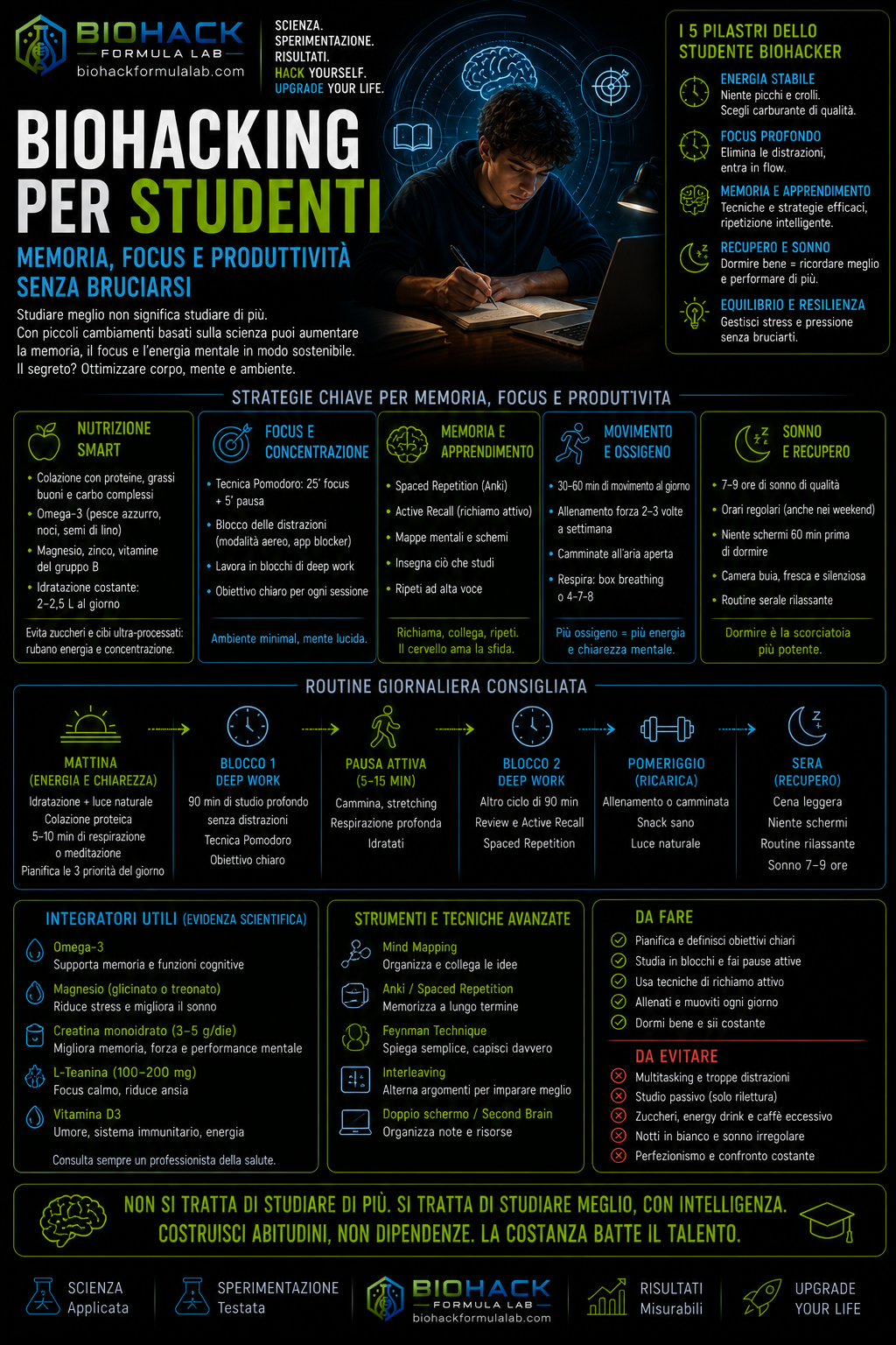 Infografica biohacking per studenti con studente, cervello e logo Biohack Formula Lab