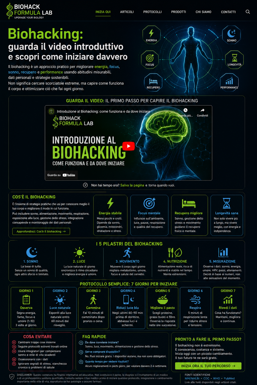 Immagine introduttiva al biohacking con video, corpo umano digitale, energia, focus, sonno e logo Biohack Formula Lab