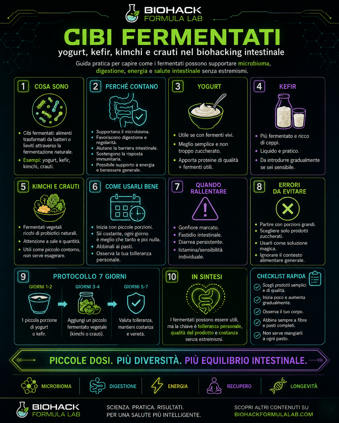 Infografica Biohack Formula Lab sui cibi fermentati, con guida pratica a yogurt, kefir, kimchi e crauti per microbioma, digestione, energia e salute intestinale.