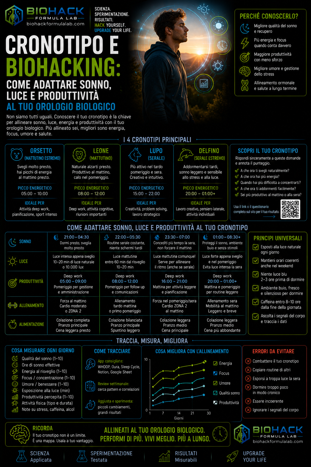 Infografica cronotipo e biohacking con persona al sole, orologio biologico e logo Biohack Formula Lab
