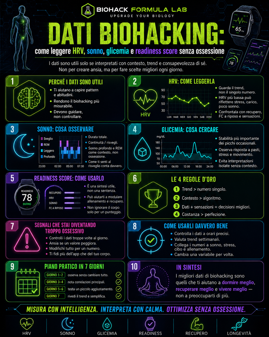 Infografica Biohack Formula Lab sui dati biohacking, con guida per leggere HRV, sonno, glicemia e readiness score senza ossessione.