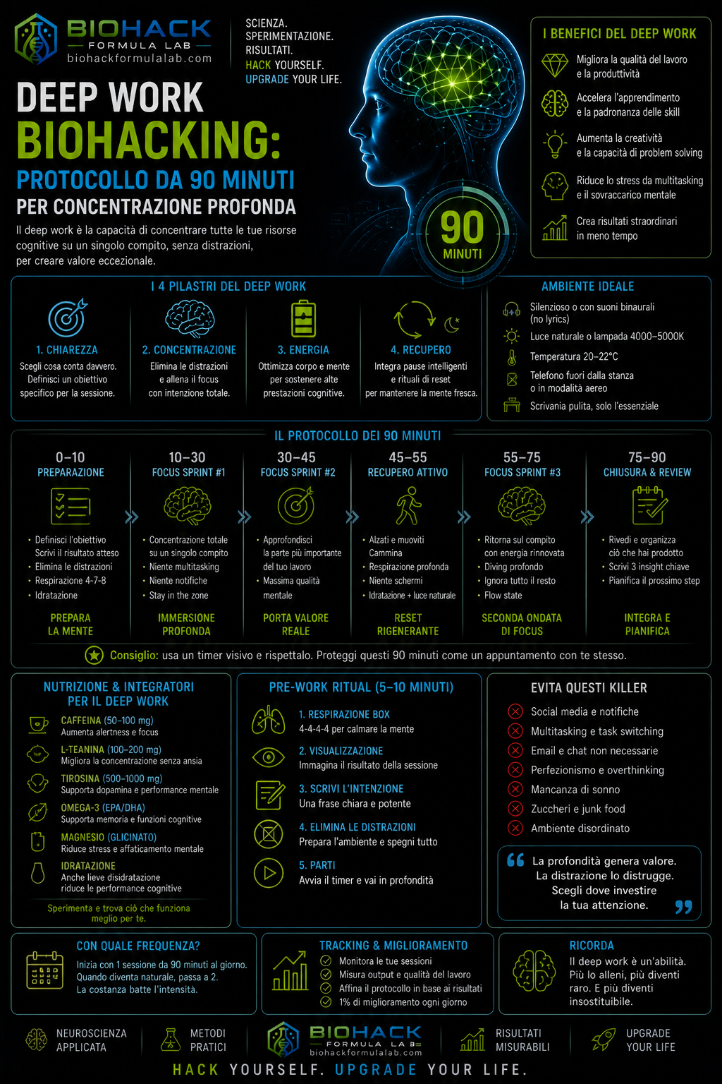 Infografica deep work biohacking con cervello, timer 90 minuti e logo Biohack Formula Lab
