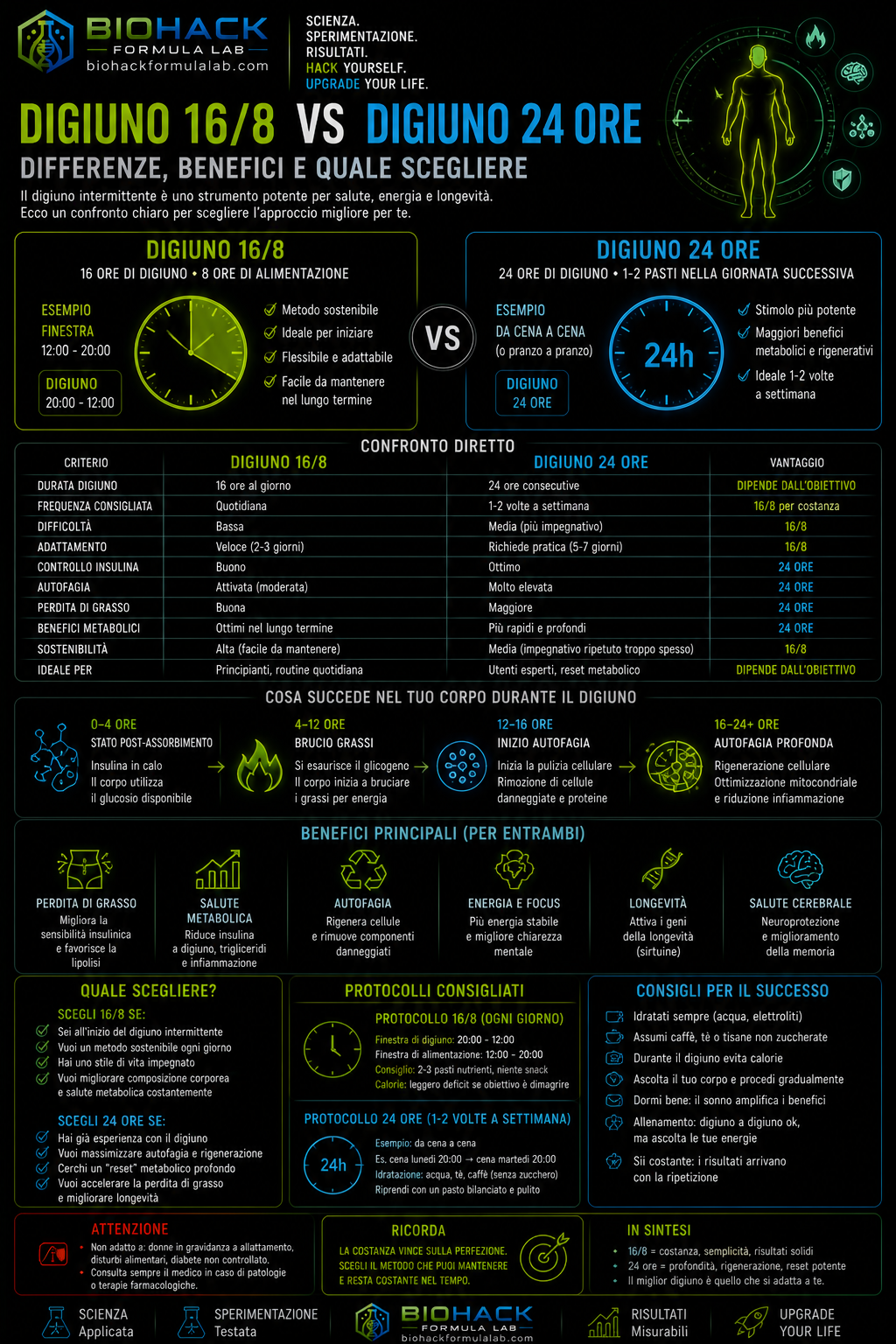 Infografica digiuno 16/8 vs digiuno 24 ore con confronto visivo e logo Biohack Formula Lab