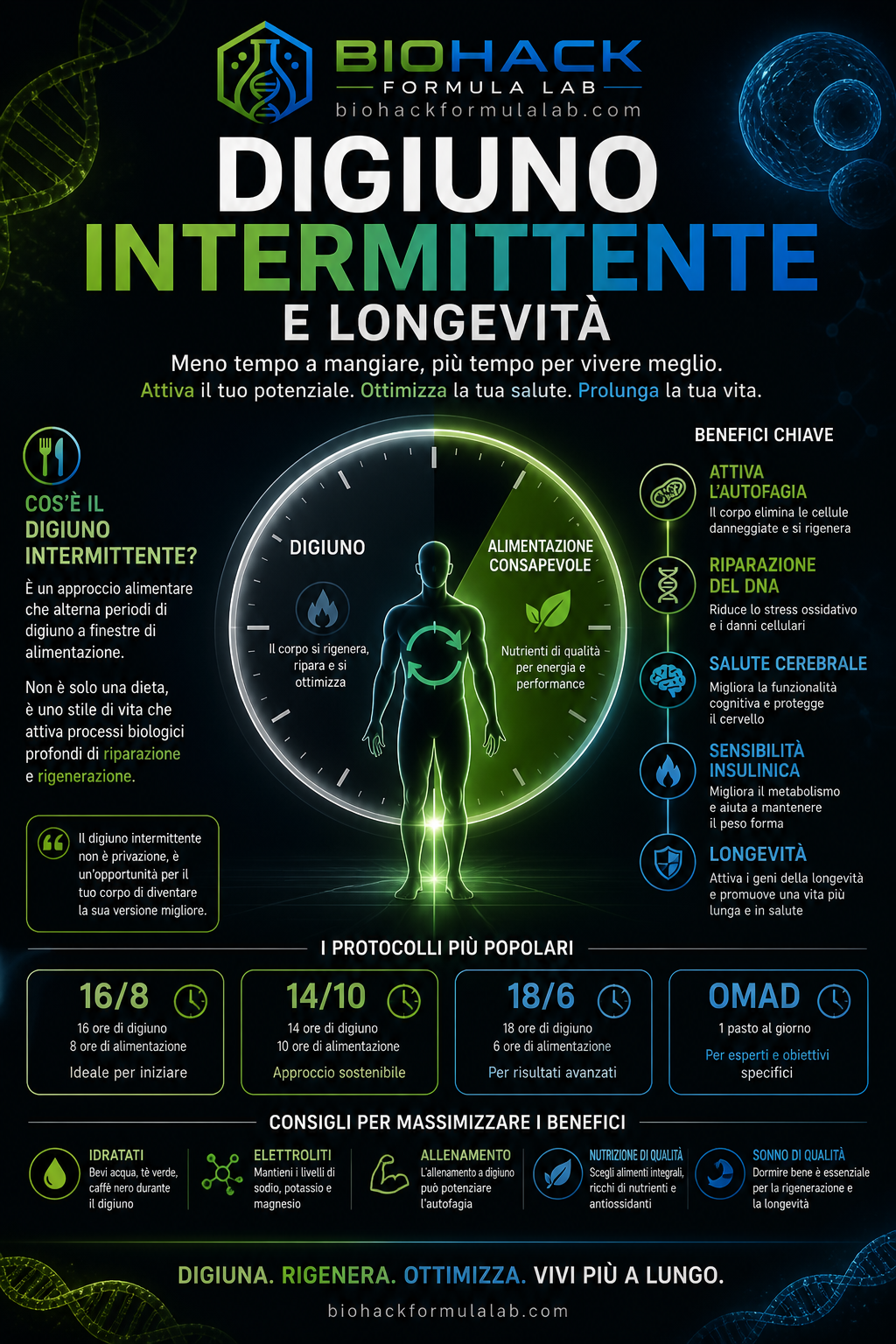Infografica sul digiuno intermittente e longevità con orologio biologico, corpo umano e logo Biohack Formula Lab