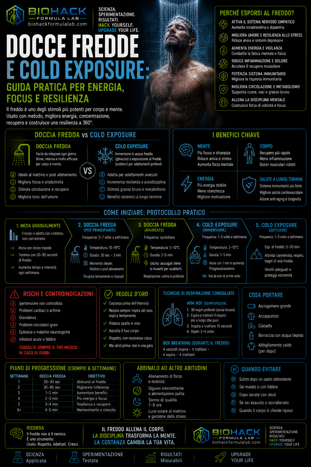 Infografica docce fredde e cold exposure con persona sotto acqua fredda e logo Biohack Formula Lab