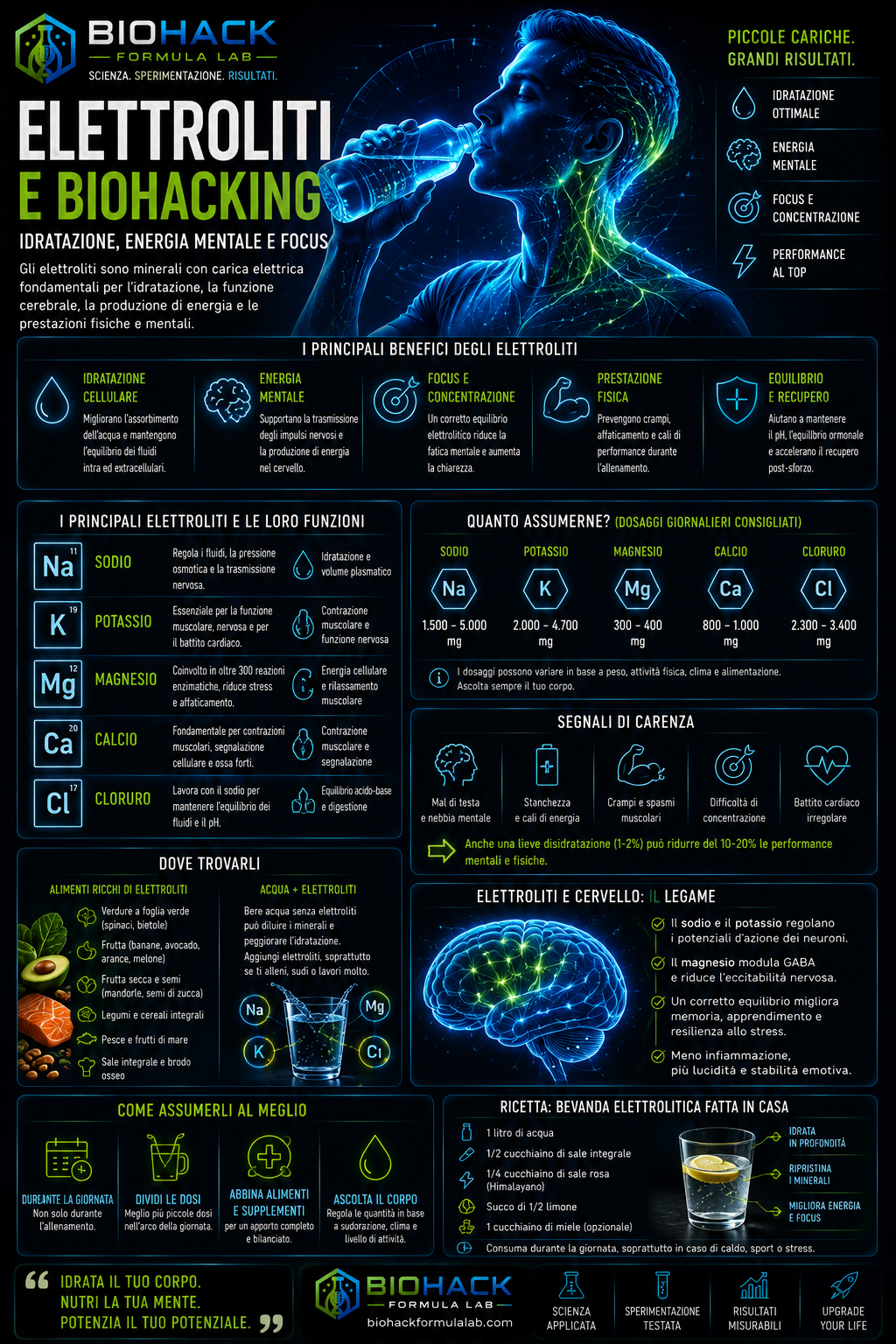Infografica elettroliti e biohacking con persona che beve acqua e logo Biohack Formula Lab
