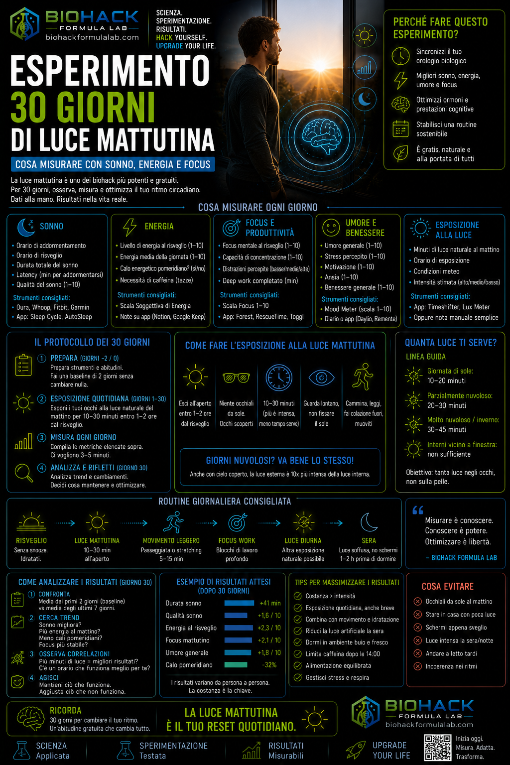 Infografica esperimento 30 giorni luce mattutina con persona al sole e logo Biohack Formula Lab