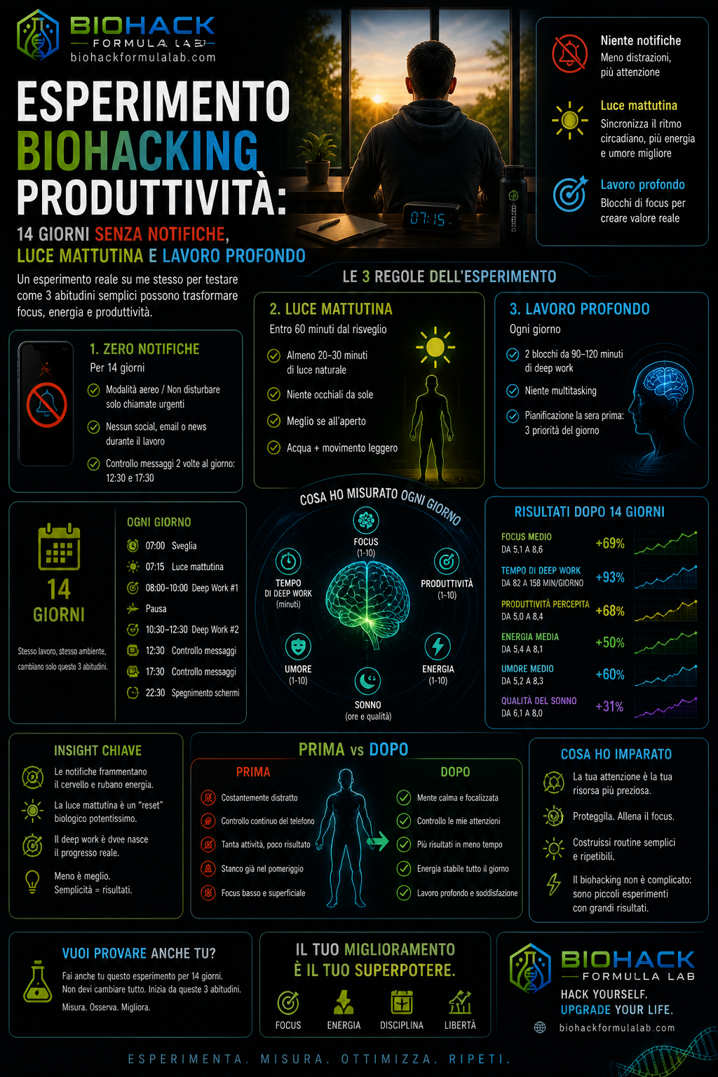 Infografica su esperimento biohacking produttività con focus su lavoro profondo, luce mattutina e zero notifiche con logo Biohack Formula Lab