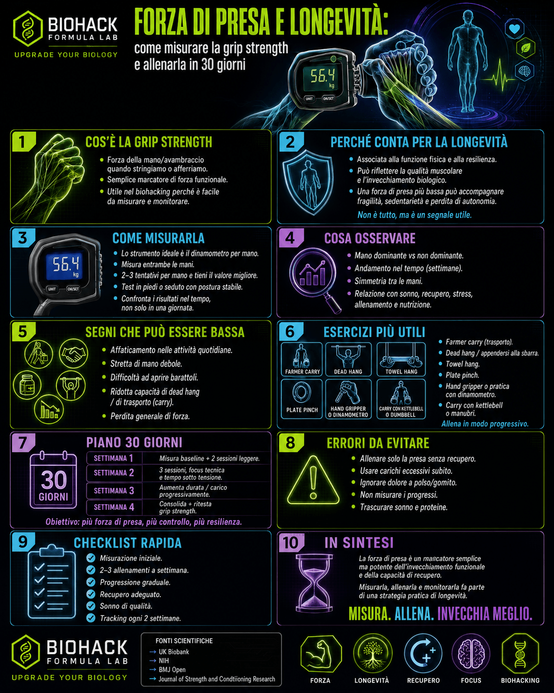 Infografica Biohack Formula Lab sulla forza di presa e longevità, con guida pratica per misurare la grip strength, interpretarla e allenarla in 30 giorni.