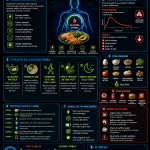 Infografica glicemia stabile con alimenti funzionali, picchi glicemici e logo Biohack Formula Lab