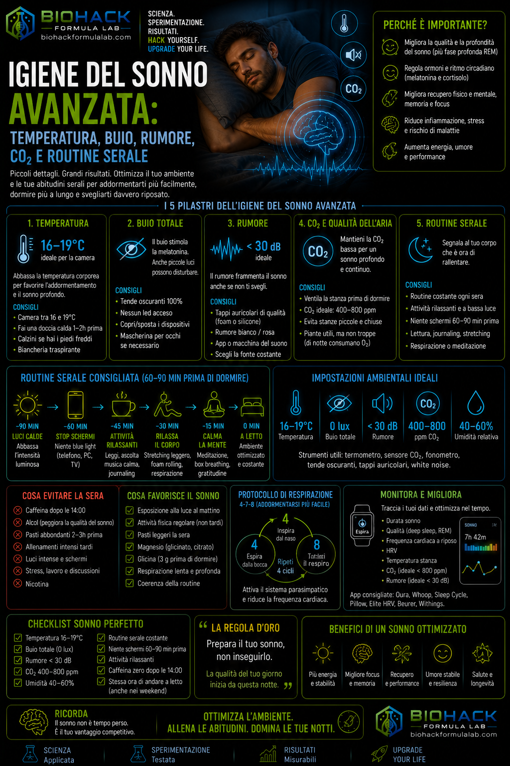 Infografica igiene del sonno avanzata con persona che dorme, parametri ambientali e logo Biohack Formula Lab