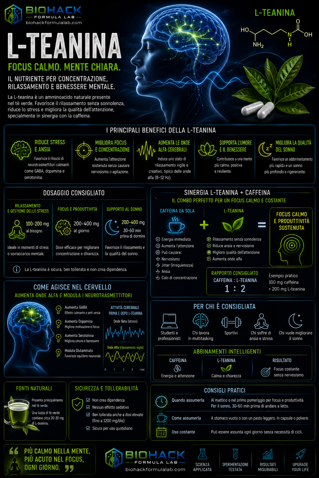 Infografica L-teanina con cervello attivo, capsule e logo Biohack Formula Lab