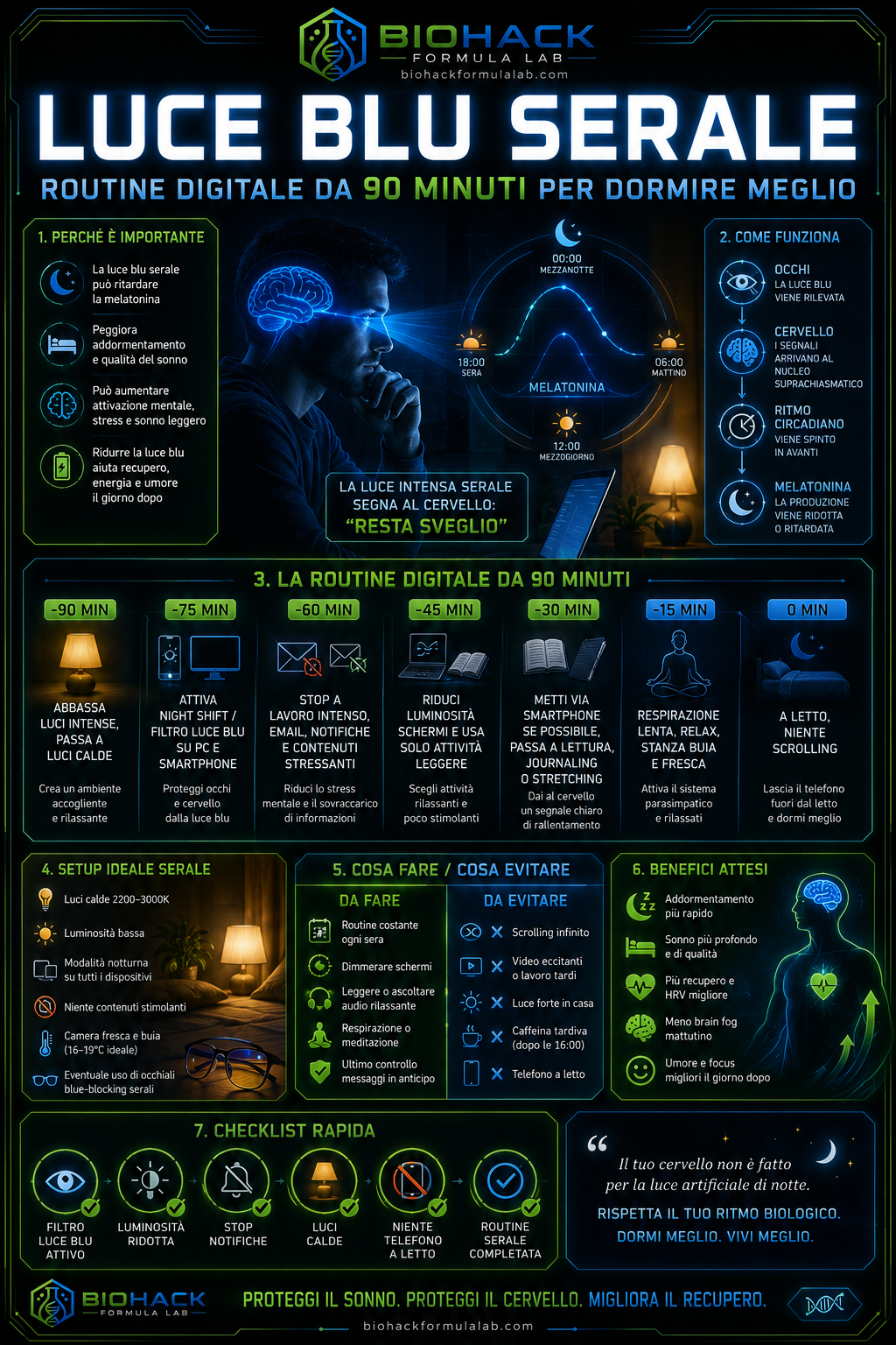 Infografica luce blu serale con routine digitale serale, schermi e logo Biohack Formula Lab
