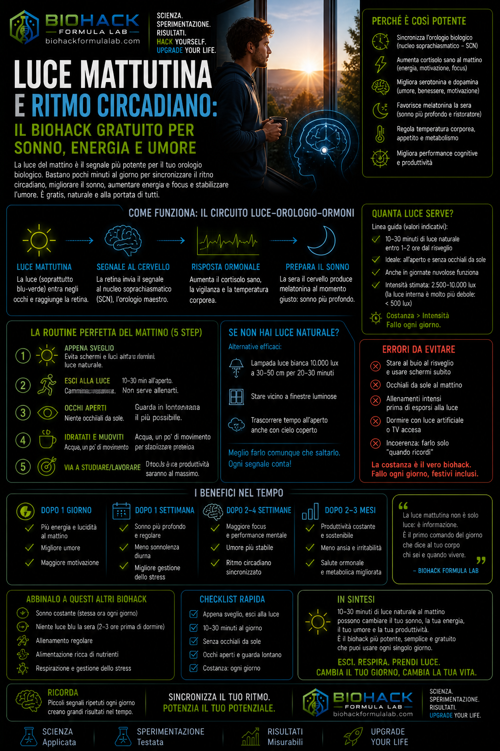 Infografica luce mattutina e ritmo circadiano con sole, cervello e logo Biohack Formula Lab