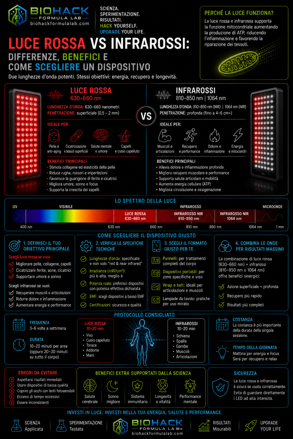 Infografica luce rossa vs infrarossi con dispositivi LED, spettro luminoso e logo Biohack Formula Lab
