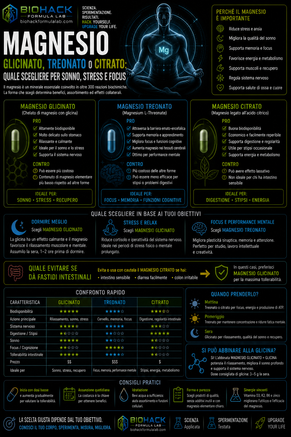 Infografica magnesio glicinato, treonato e citrato con confronto e logo Biohack Formula Lab