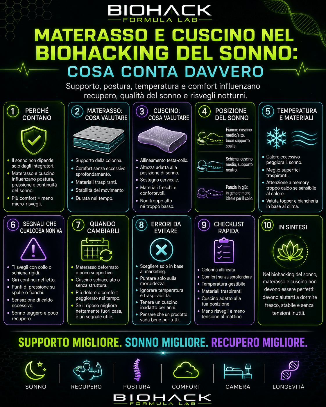 Infografica Biohack Formula Lab su materasso e cuscino nel biohacking del sonno, con consigli pratici su supporto, postura, temperatura, comfort e recupero notturno.