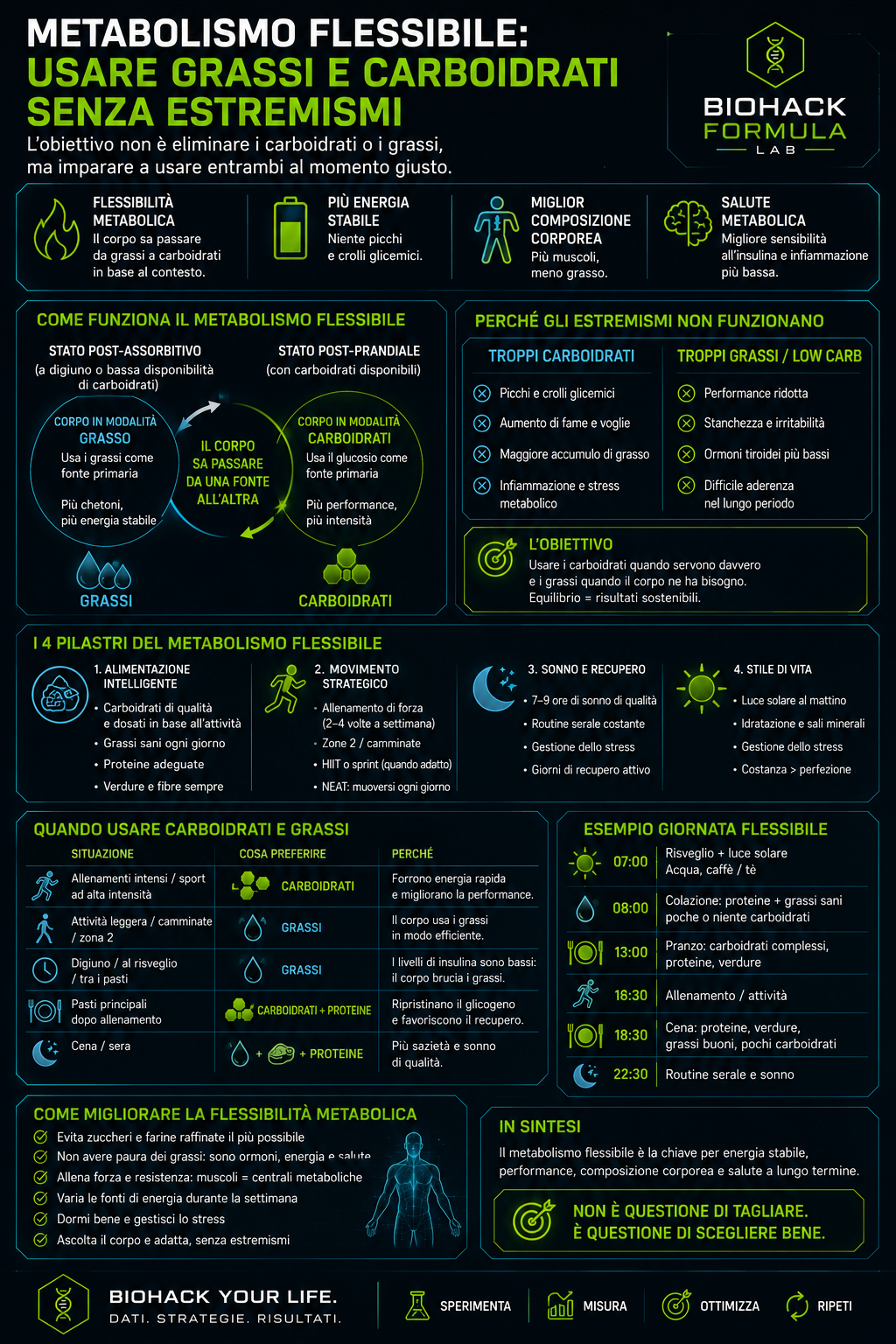 Infografica metabolismo flessibile con grassi, carboidrati, energia stabile e logo Biohack Formula Lab