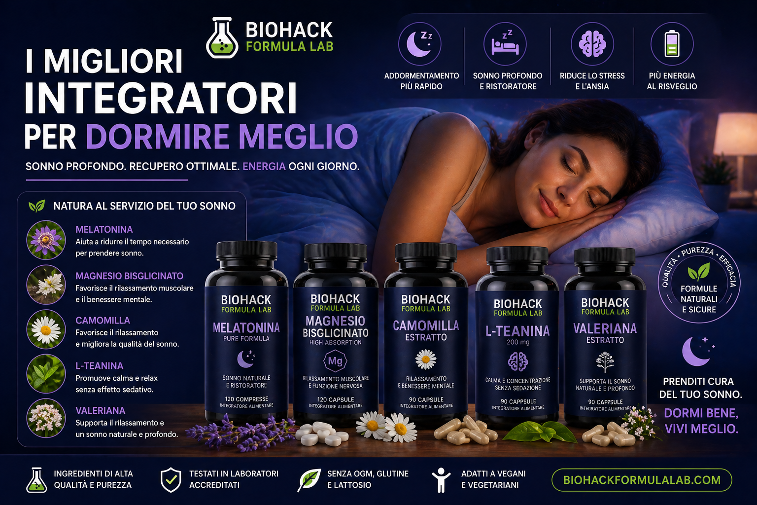Infografica sui migliori integratori per dormire meglio con melatonina, magnesio e camomilla per migliorare sonno e recupero