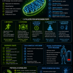 Infografica mitocondri e biohacking con mitocondrio luminoso, energia cellulare e logo Biohack Formula Lab