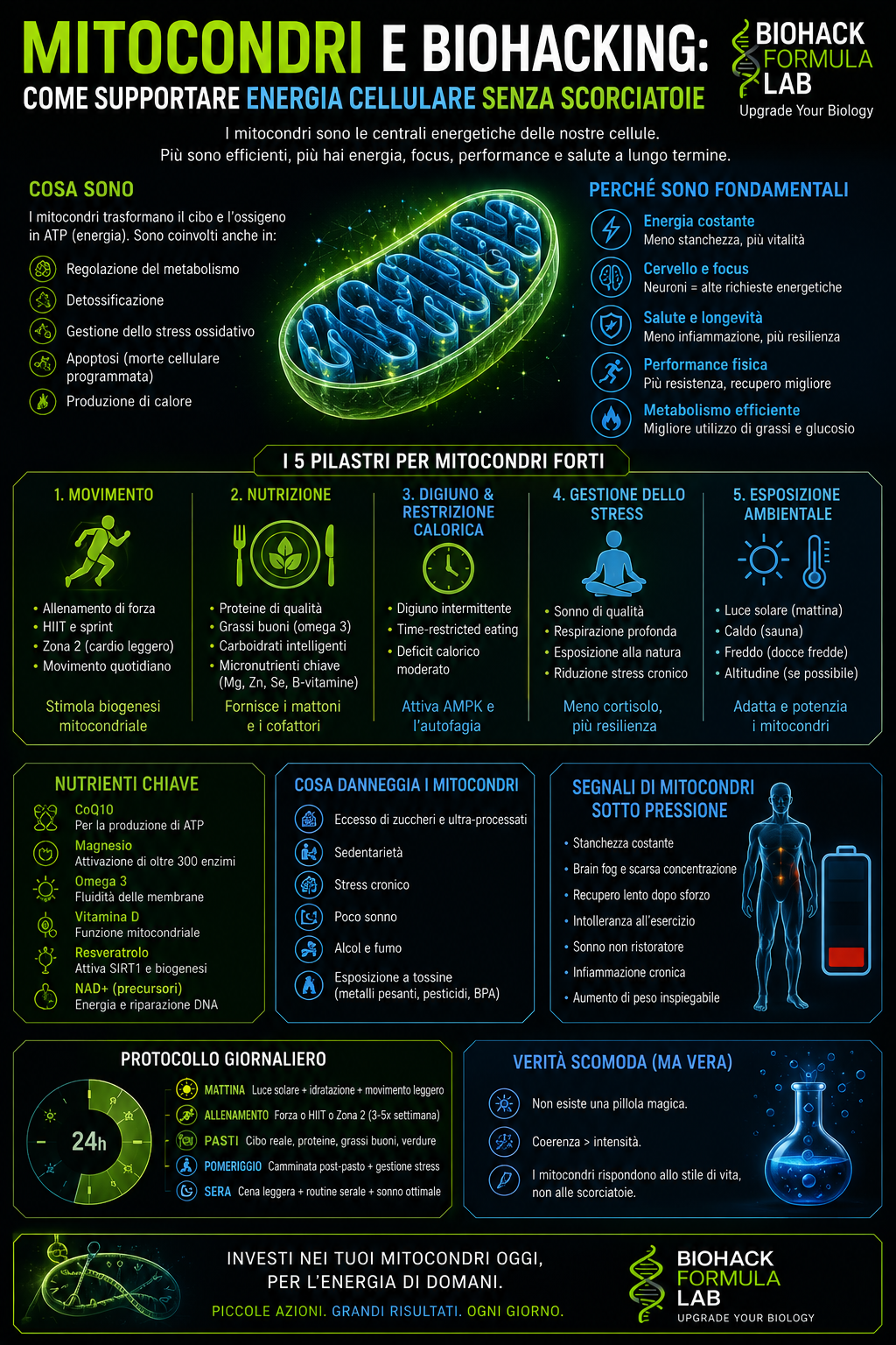 Infografica mitocondri e biohacking con mitocondrio luminoso, energia cellulare e logo Biohack Formula Lab