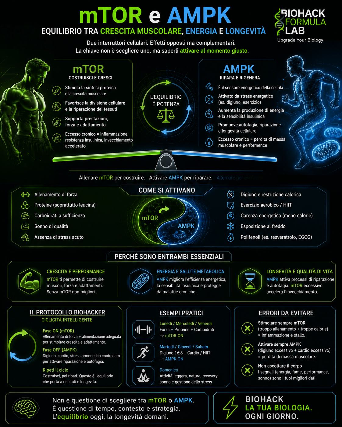 Infografica mTOR e AMPK con equilibrio tra crescita muscolare, energia, longevità e logo Biohack Formula Lab