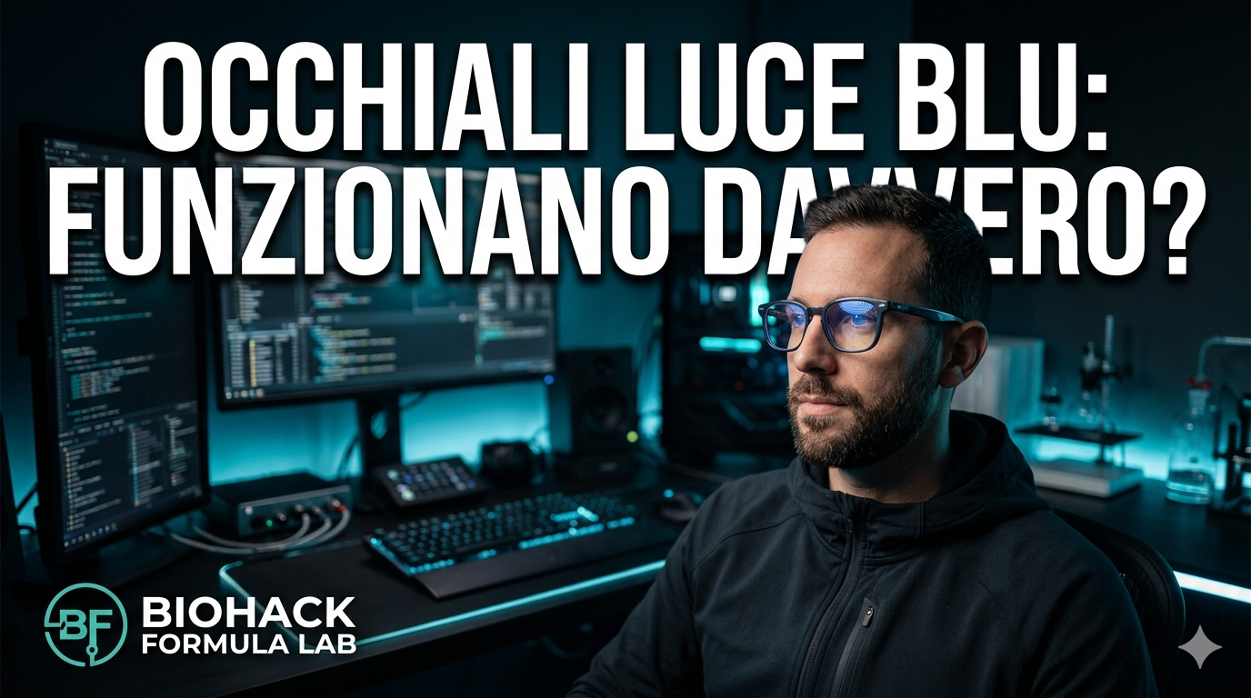 Un uomo in una postazione di lavoro high-tech con monitor multipli mentre indossa occhiali protettivi per luce blu, con logo Biohack Formula Lab e testo informativo.
