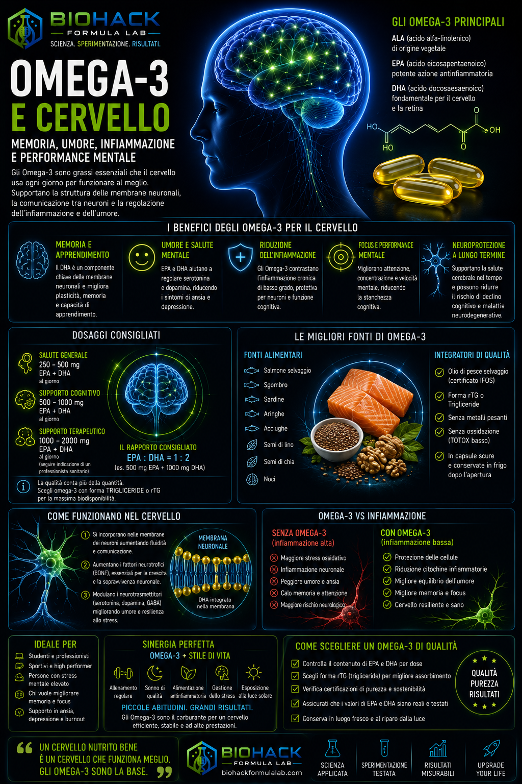 Infografica omega-3 e cervello con cervello illuminato, capsule e logo Biohack Formula Lab
