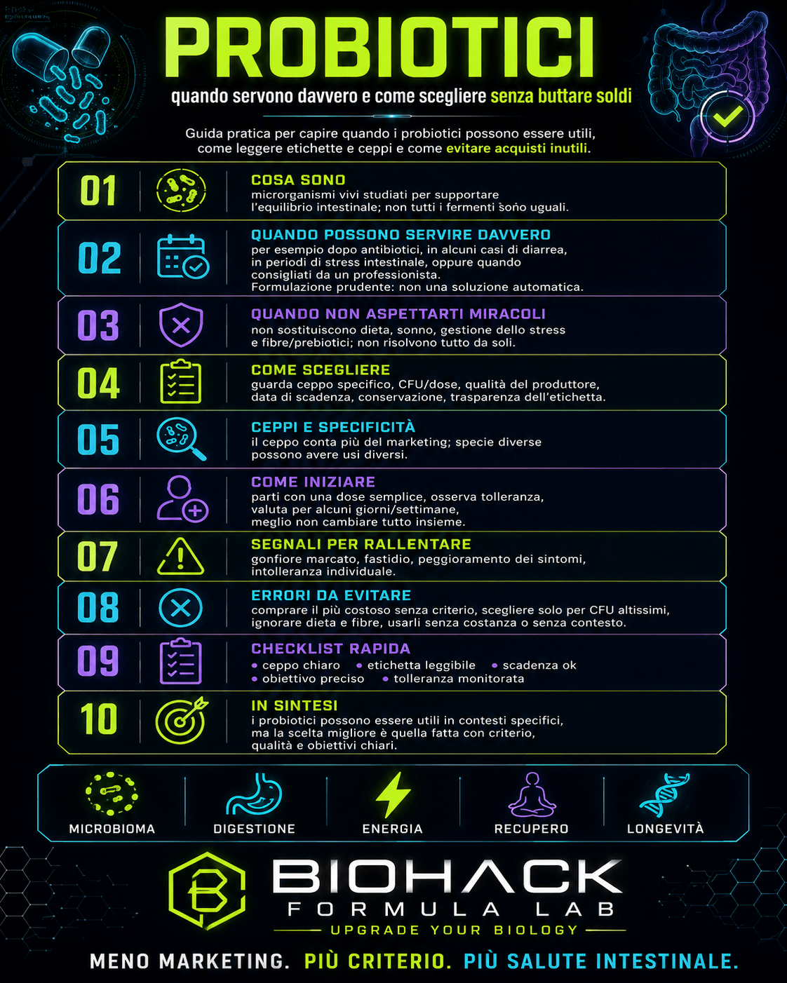 Infografica Biohack Formula Lab sui probiotici, con guida pratica per capire quando servono davvero, come scegliere ceppi e prodotti di qualità e come evitare acquisti inutili.
