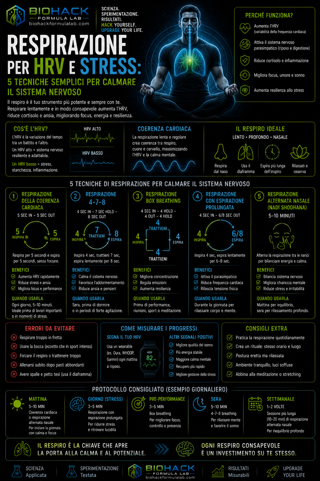 Infografica respirazione per HRV e stress con persona in meditazione e logo Biohack Formula Lab